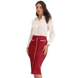 Pencil Skirt High Waist Business Work Bodycon Tweed Skirts Dark Red